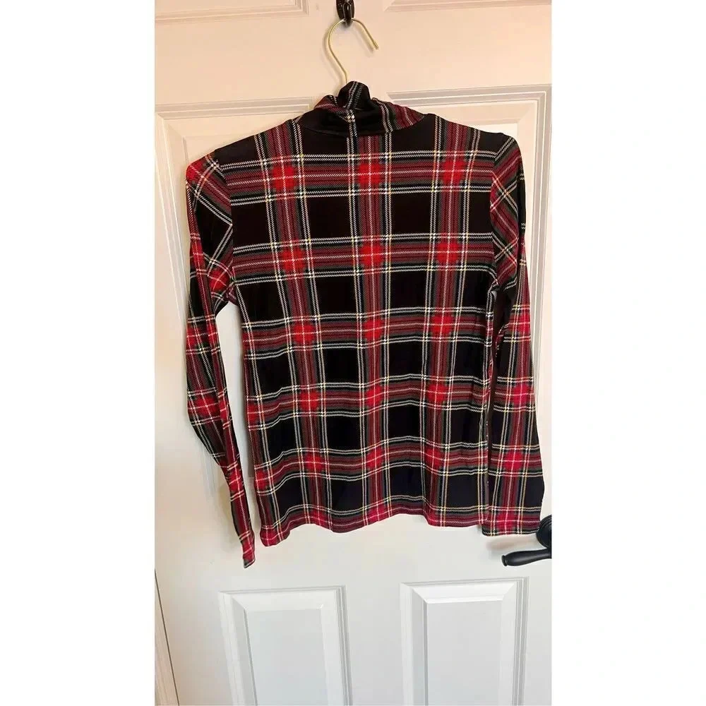 J. Crew Womens Black Red‎ Tartan Plaid Turtle Neck Long Sleeve Top Small NWT